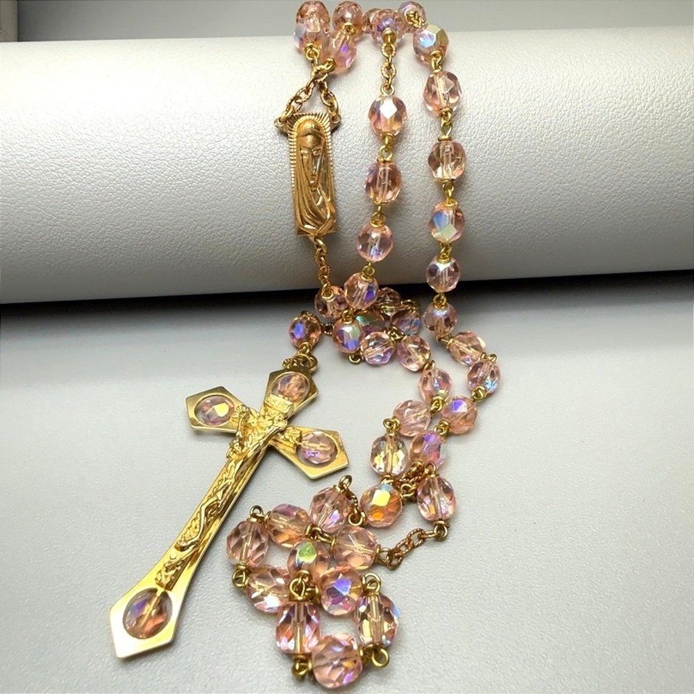 Pink Aurora Borealis Glass Bead Rosary Necklace 23" Made in Italy Catholic